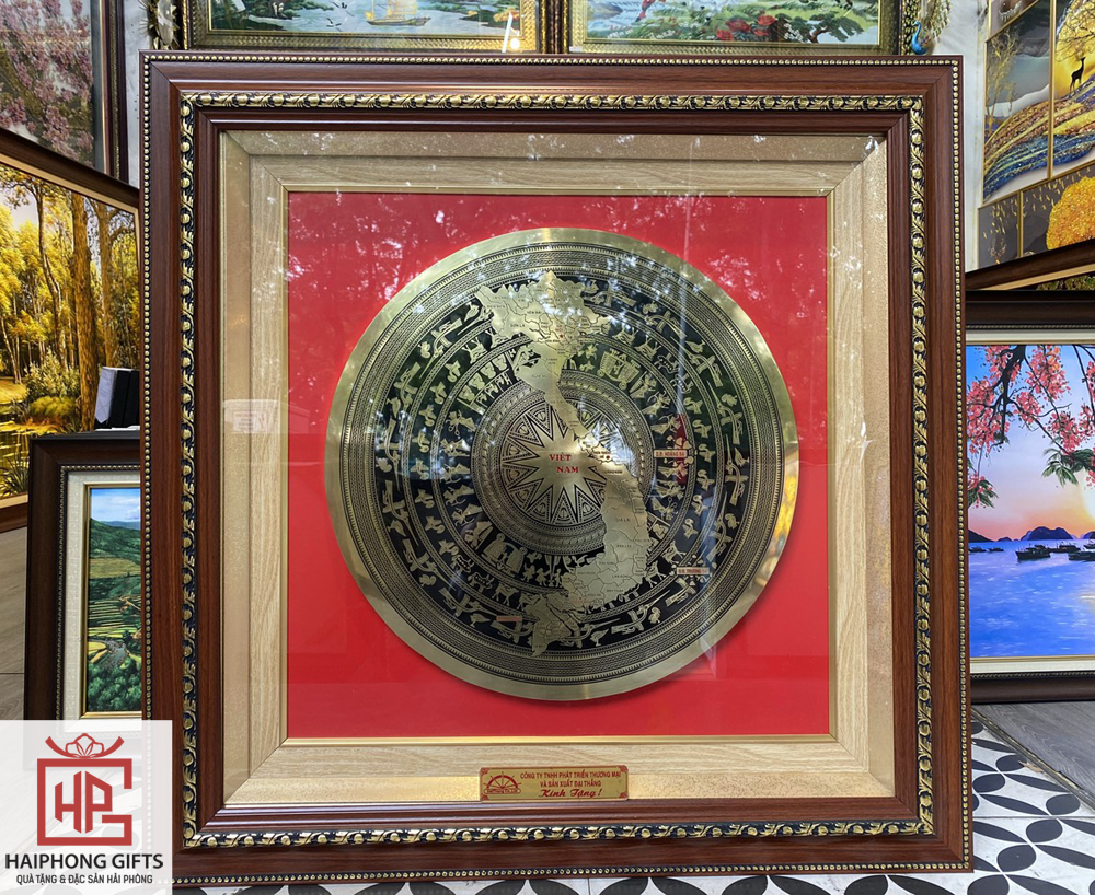 Tranh trống đồng thúc nổi họa tiết hoa văn khung gỗ thịt (khung 80cm)